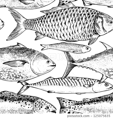 Seamless vector pattern of hand drawn fish in black and white. This vintage style illustration features a school of fish swimming in one direction, for marine themed textiles, packaging, backgrounds 125075635