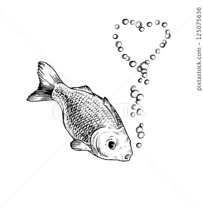 Vector illustration of a cute fish in black and white. This hand drawn sketch features a playful fish with an expressive face, open mouth, and floating bubbles. Perfect for designs and stationery 125075636