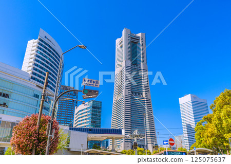 四月,日本東京城市景觀,綠樹成蔭。橫濱航空客艙櫻木町站和橫濱地標塔 四月,日本東京城市景觀,綠樹成蔭。橫濱航空客艙櫻木町站和橫濱地標塔 125075637
