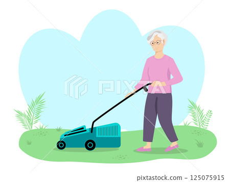 Senior woman mows lawn with lawnmower. Woman mowing. Work in garden. Flat vector illustration. 125075915