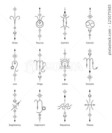Set of zodiac sign and symbol blackwork tattoo. Sacred geometry horoscope tattoo design collection, mystic symbol of constellation. New school dotwork, line art minimalist style tattoo. 125075985