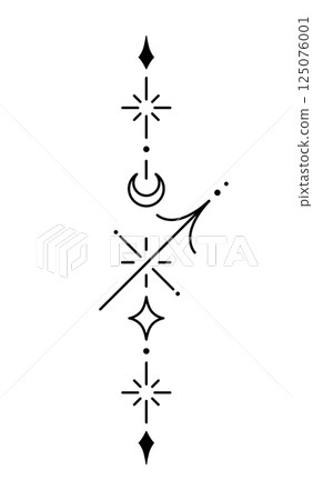 Sagittarius zodiac sign and symbol blackwork tattoo. Sacred geometry horoscope tattoo design, mystic symbol of constellation. New school dotwork, line art minimalist style tattoo. Sagittarius zodiac sign and symbol blackwork tattoo. Sacred geometry horoscope tattoo design, mystic symbol of constellation. New school dotwork, line art minimalist style tattoo. 125076001