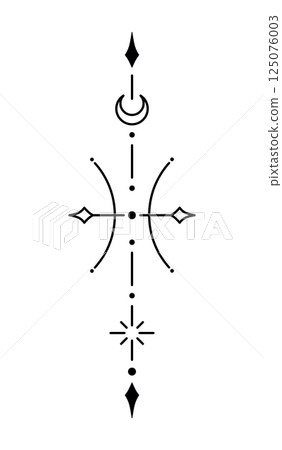 Pisces zodiac sign and symbol blackwork tattoo. Sacred geometry horoscope tattoo design, mystic symbol of constellation. New school dotwork, line art minimalist style tattoo. 125076003