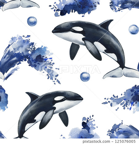 Orcas blue splashes and ocean bubbles on white background for marine life, animal design. Watercolor seamless pattern  125076005