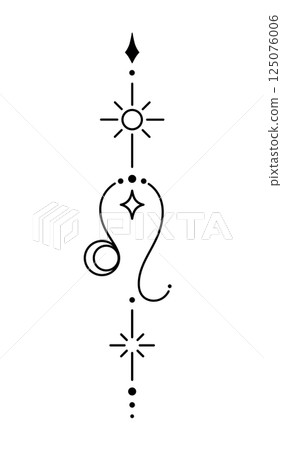 Leo zodiac sign and symbol blackwork tattoo. Sacred geometry horoscope tattoo design, mystic symbol of constellation. New school dotwork, line art minimalist style tattoo. Leo zodiac sign and symbol blackwork tattoo. Sacred geometry horoscope tattoo design, mystic symbol of constellation. New school dotwork, line art minimalist style tattoo. 125076006