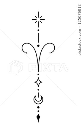 Aries zodiac sign and symbol blackwork tattoo. Sacred geometry horoscope tattoo design, mystic symbol of constellation. New school dotwork, line art minimalist style tattoo. Aries zodiac sign and symbol blackwork tattoo. Sacred geometry horoscope tattoo design, mystic symbol of constellation. New school dotwork, line art minimalist style tattoo. 125076018