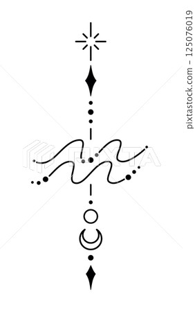 Aquarius zodiac sign and symbol blackwork tattoo. Sacred geometry horoscope tattoo design, mystic symbol of constellation. New school dotwork, line art minimalist style tattoo. Aquarius zodiac sign and symbol blackwork tattoo. Sacred geometry horoscope tattoo design, mystic symbol of constellation. New school dotwork, line art minimalist style tattoo. 125076019