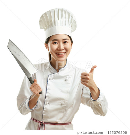 happy, smiling, positive female chef showing thumbs up, holding a chef's knife or cleaver, cut-out, clipping path, transparent 125076206