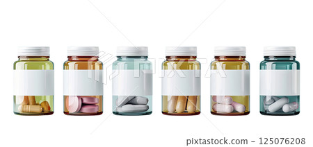 six bottles with blank labels of dark glass with different color pills in every one, and white cup, cut-out, clipping path, transparent 125076208