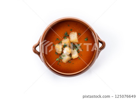 Traditional Spanish Gazpacho soup in bowl isolated on white background 125076649