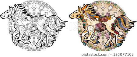 Zentangle galloping horse on mandala. Hand drawn decorative vector illustration for coloring. Color and outline set Zentangle galloping horse on mandala. Hand drawn decorative vector illustration for coloring. Color and outline set 125077102