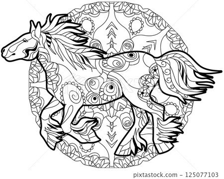 Zentangle galloping horse on mandala. Hand drawn decorative vector illustration for coloring. 125077103