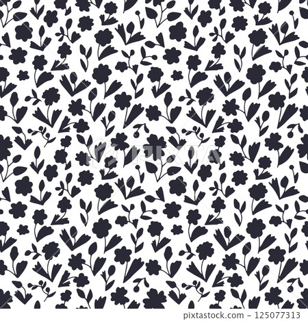 Monochrome black and white ditsy floral seamless pattern. Hand drawn vintage backdrop with tiny flowers. Cottagecore texture 125077313