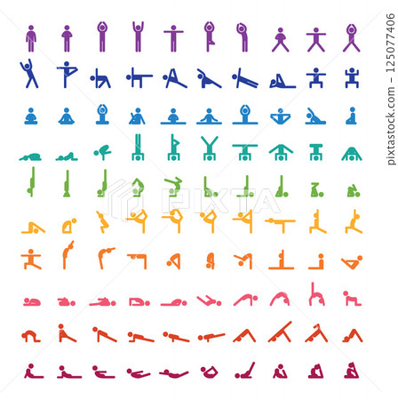 Yoga poses asanas icons set. 125077406