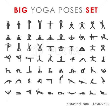 Yoga poses asanas icons set. 125077409