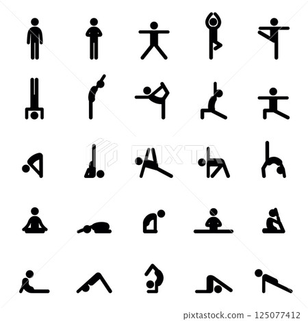 Set of icons doing yoga exercises. Stretching and relaxing in many different yoga poses. 125077412