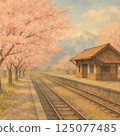 鄉村，火車，春天的景色，櫻花，里山，懷舊風景，春天，車站大樓 125077485