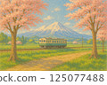 鄉村，火車，春天的景色，櫻花，里山，懷舊風景，單軌，春天 125077488