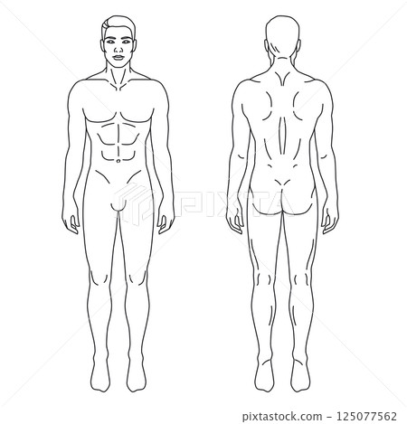 Man body front and back view vector illustration. Isolated outline line contour template human without clothes. Man body front and back view vector illustration. Isolated outline line contour template human without clothes. 125077562