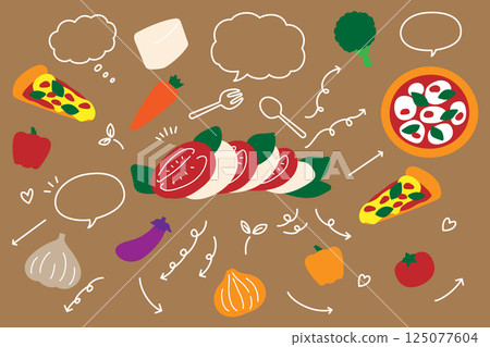 Cute Caprese pizza vegetable speech bubble arrow set Cute Caprese pizza vegetable speech bubble arrow set 125077604