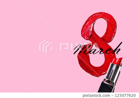 Red eight shaped lipstick with lipstick banner on a pink background. Red lipstick glossy texture in 8 eight shape. 8 march happy international woman day copy space banner, poster 125077620