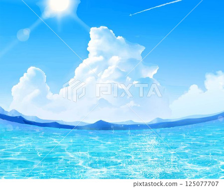 夏日的大海和燦爛的陽光-美麗的夏日海灘框架插畫素材藍天雲海 125077707