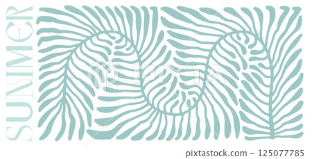 Trendy aesthetic summer print with abstract groovy floral shape with palm leas. Simple irregular wild plant in boho style. Green and White Naive concept for wall art. Hand drawn flat illustration Trendy aesthetic summer print with abstract groovy floral shape with palm leas. Simple irregular wild plant in boho style. Green and White Naive concept for wall art. Hand drawn flat illustration 125077785