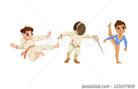 Dynamic Sports Characters in Exciting Action Engaging Karate, Fencing, and Gymnastics Activities Dynamic Sports Characters in Exciting Action Engaging Karate, Fencing, and Gymnastics Activities 125077839