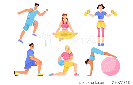 Explore Dynamic Fitness Activities and Engaging Exercises Depicted in Colorful Illustrations Explore Dynamic Fitness Activities and Engaging Exercises Depicted in Colorful Illustrations 125077848