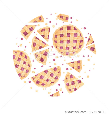 Hand drawn watercolor berry pie and polka-dot round frame border. Illustration of food isolated on white background. Can be used for postcard, label, scrapbook and other printed products. 125078110