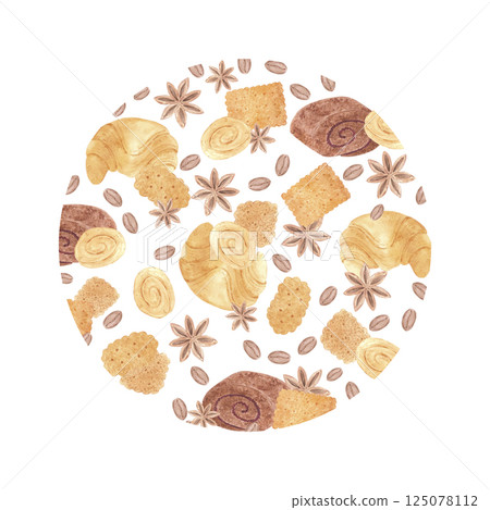 Hand drawn watercolor buns and coffee beans round frame border. Illustration of food isolated on white background. Can be used for postcard, label, scrapbook and other printed products. Hand drawn watercolor buns and coffee beans round frame border. Illustration of food isolated on white background. Can be used for postcard, label, scrapbook and other printed products. 125078112