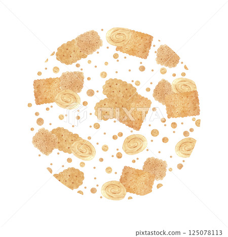 Hand drawn watercolor biscuits with polka-dot round frame border isolated on white background. Can be used for postcard, label, scrapbook and other printed products. Hand drawn watercolor biscuits with polka-dot round frame border isolated on white background. Can be used for postcard, label, scrapbook and other printed products. 125078113