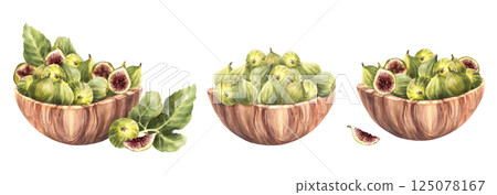 Watercolor Figs fruit with leaves in wooden bowl set. Picked whole and cut ripe fruit harvest with leaves. Realistic hand drawn plant harvest for jam, food label. Illustration Isolated from background 125078167