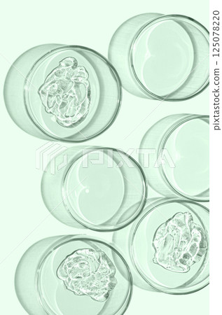 A sample of skin serum or moisturizing gel in a Petri dish. A cosmetic product. A sample of skin serum or moisturizing gel in a Petri dish. A cosmetic product. 125078220
