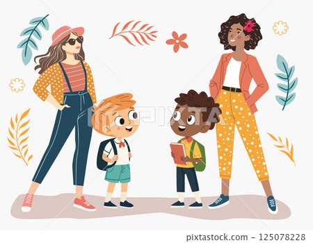 Meeting of two mom and schoolboy Meeting of two mom and schoolboy 125078228