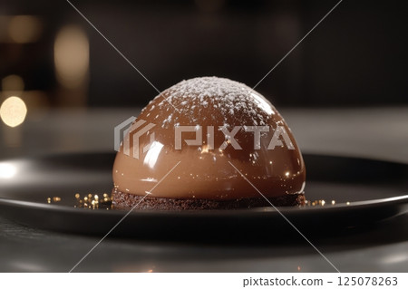 Luxurious milk chocolate mousse dome with glossy mirror glaze and powdered sugar on black ceramic plate, minimal dark background with dramatic lighting, concept of patisserie, culinary art, dessert 125078263