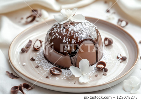Milk chocolate mousse cake with glossy mirror glaze on pale ceramic plate, sprinkled with powdered sugar and surrounded by chocolate curls, concept of dessert styling, gourmet cuisine, patisserie 125078275