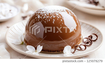 Milk chocolate mousse cake with glossy mirror glaze on pale ceramic plate, sprinkled with powdered sugar and surrounded by chocolate curls, concept of dessert styling, gourmet cuisine, patisserie 125078279