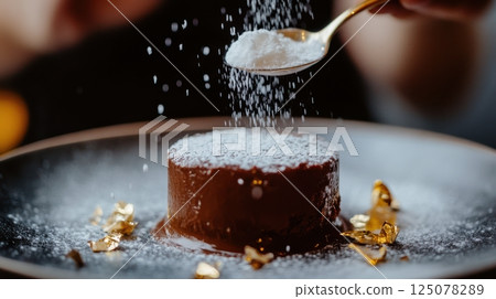 Spoonful of powdered sugar falling onto glossy milk chocolate mousse with gold leaf on ceramic plate, blurred hand with sieve in background, concept of patisserie, food styling, culinary art 125078289