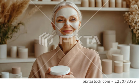 Senior woman enjoying a spa moment while applying a facial mask with a serene smile Senior woman enjoying a spa moment while applying a facial mask with a serene smile 125078359