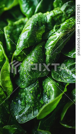 Vibrant leafy greens with citrus droplets captured in macro detail against a deep green backdrop Vibrant leafy greens with citrus droplets captured in macro detail against a deep green backdrop 125078365