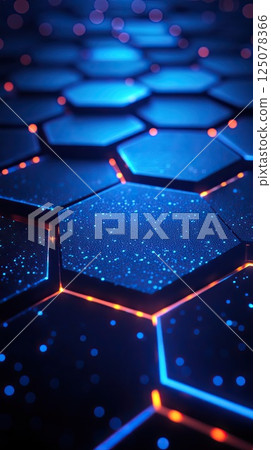 Hexagonal pattern with glowing blue neon lines in a high-tech futuristic style Hexagonal pattern with glowing blue neon lines in a high-tech futuristic style 125078366