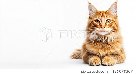 Maine Coon cat exhibiting curiosity with reddish-gold fur on a white background Maine Coon cat exhibiting curiosity with reddish-gold fur on a white background 125078367