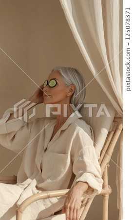 Senior woman enjoys relaxation in a serene spa setting with natural textures and soft light 125078371
