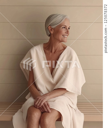 Senior woman enjoying a serene moment in a modern steam room 125078372