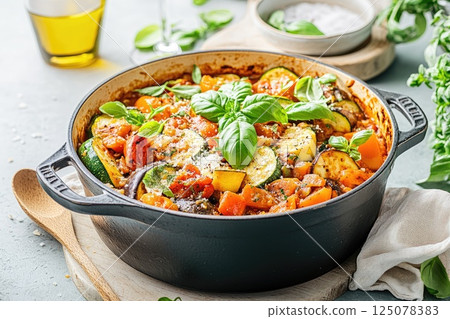 Vibrant vegetable stew in a Dutch oven showcasing fresh produce and rich colors Vibrant vegetable stew in a Dutch oven showcasing fresh produce and rich colors 125078383