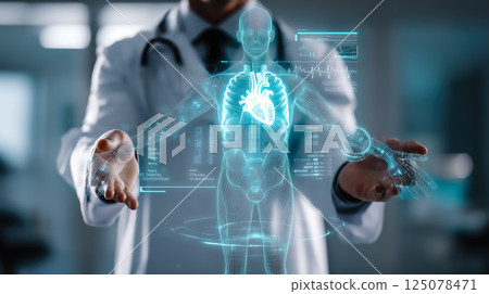 A doctor carefully examines a virtual x-ray projection with focused attention. The integration of advanced technology in medical diagnostics. Generative AI. 125078471