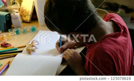 A child holds a leopard gecko near a blank sketchbook, surrounded by colorful pencils on a desk. This scene reflects the balance of creativity, learning, and care for exotic pets. 125078628