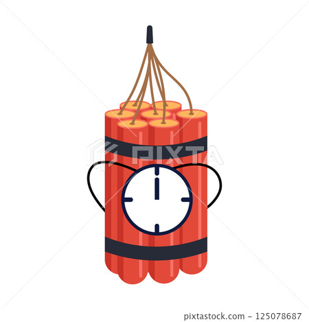 Cartoon Time Bomb with Dynamite Sticks and Timer. This vector illustration depicts a cartoon style time bomb composed of multiple red dynamite sticks tightly bundled together with two black straps. 125078687