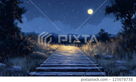 A wooden bridge with a table and a moon in the sky 125078738